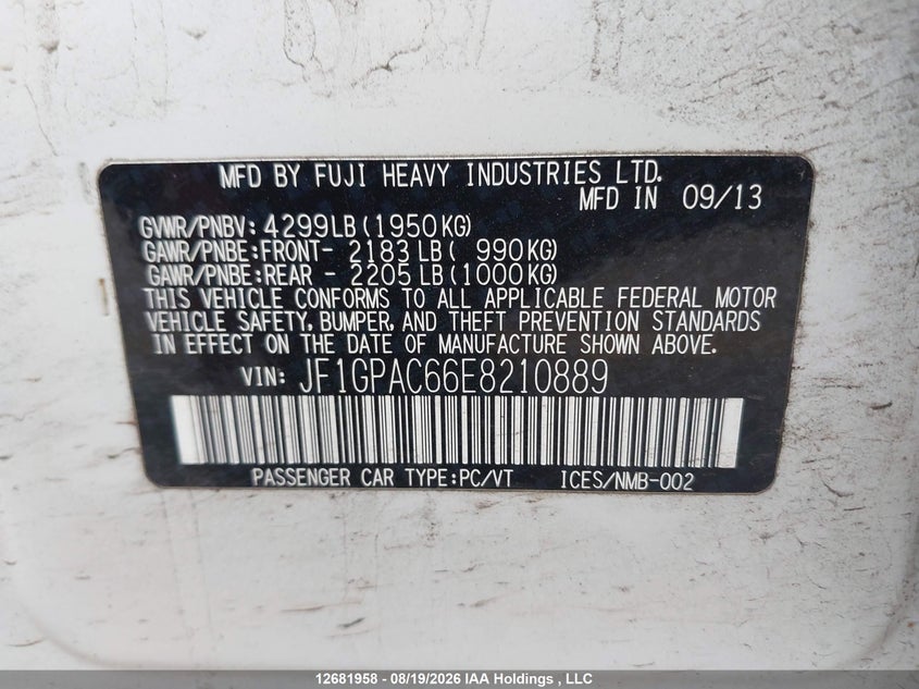 2014 SUBARU IMPREZA SEDAN 2.0L H-4 DOHC, VVT, 148HP