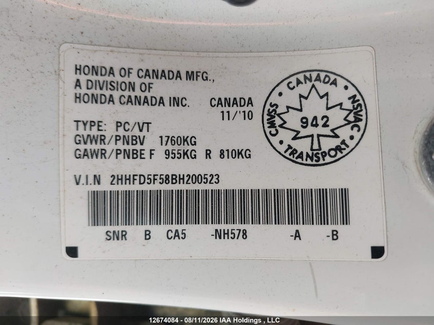 2011 ACURA CSX SEDAN 2.0L I-4 DOHC, VVT, 155HP