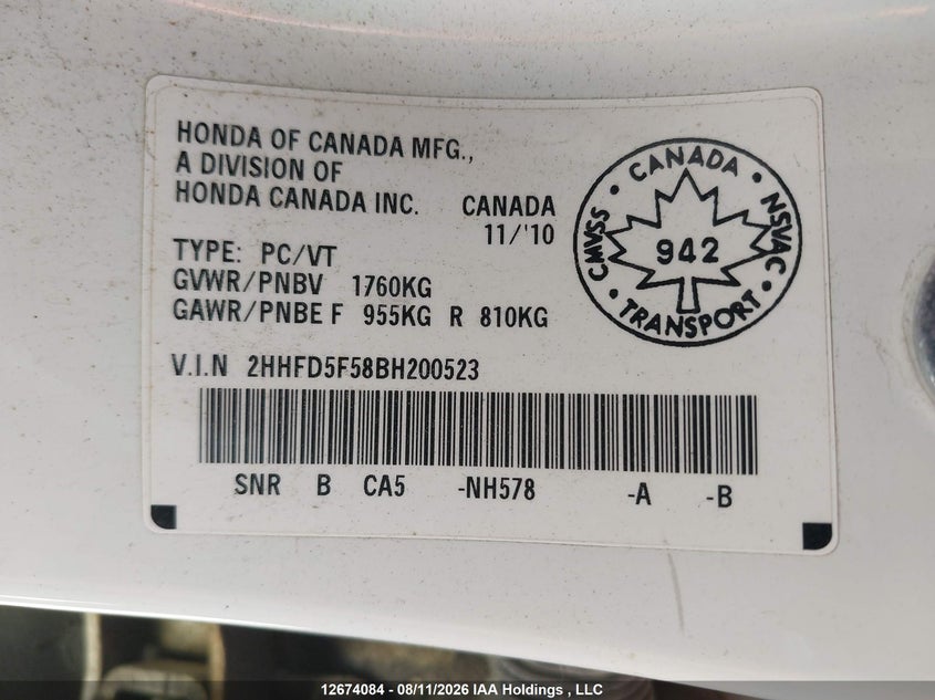 2011 ACURA CSX SEDAN 2.0L I-4 DOHC, VVT, 155HP