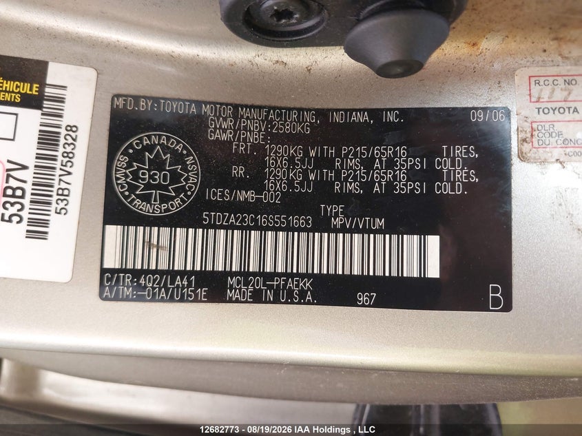 2006 TOYOTA SIENNA VAN 3.3L V-6 DOHC, VVT, 215HP
