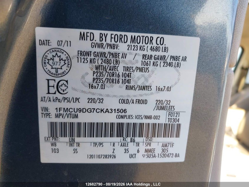 2012 FORD ESCAPE SPORT UTILITY VEHICLE 3.0L V6 FI DOHC 24V NF4