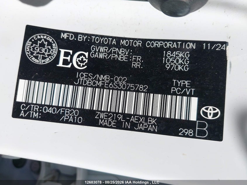 2025 TOYOTA COROLLA SEDAN 1.8L I-4 DOHC, VVT, 95HP