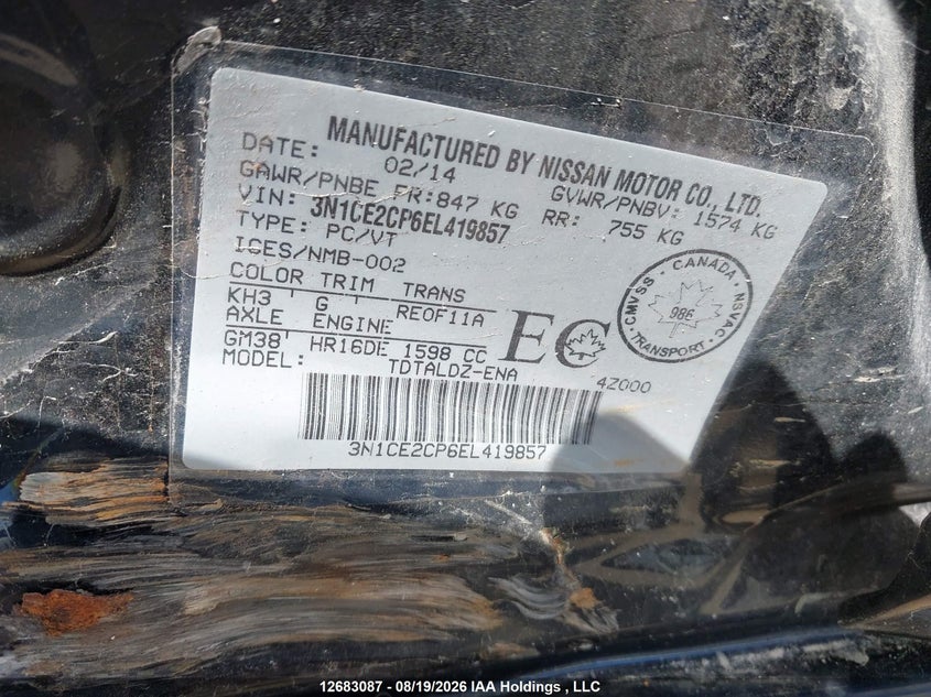 2014 NISSAN NOTE HATCHBACK 1.6L I-4 DOHC, VVT, 109HP