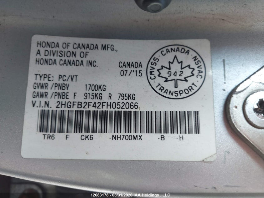 2015 HONDA CIVIC SEDAN 1.8L I-4 VVT, 143HP