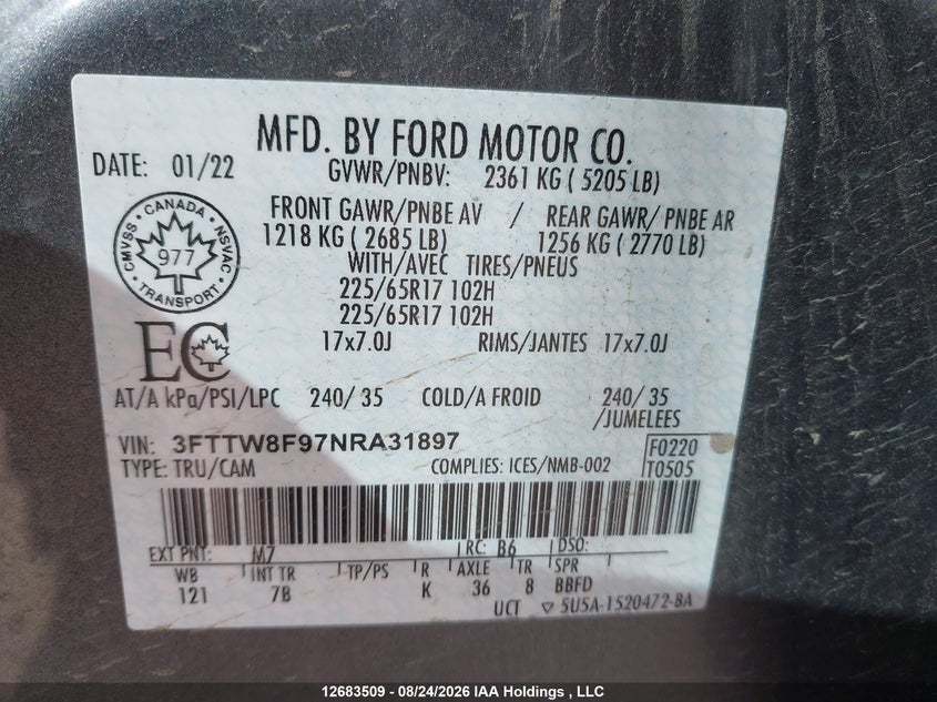 2022 FORD MAVERICK PICKUP 2.0L I-4 DI, DOHC, VVT, TURBO, 250HP