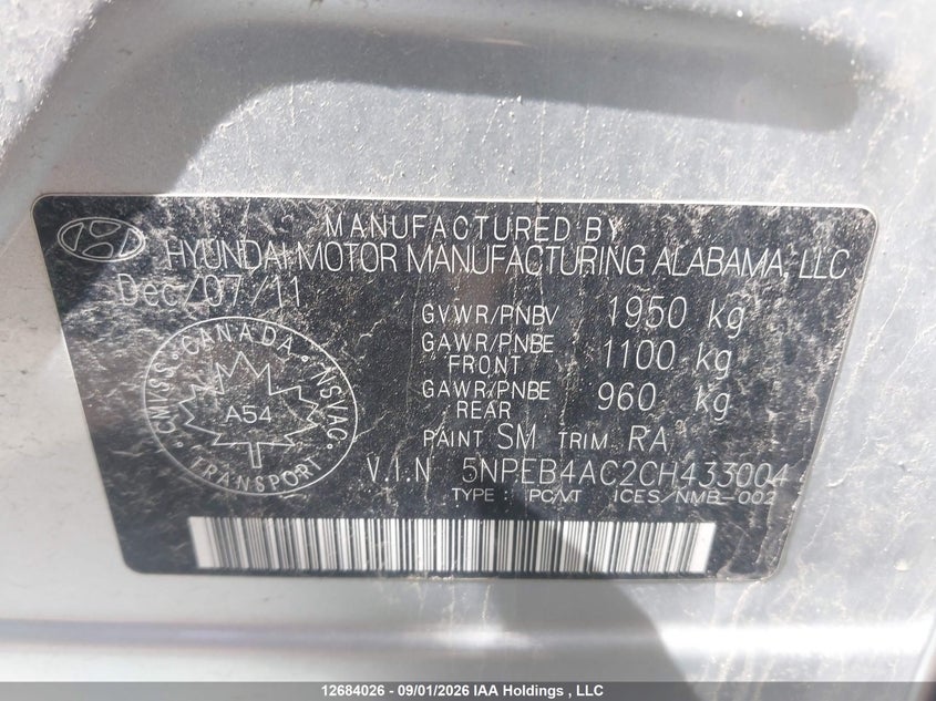 2012 HYUNDAI SONATA SEDAN 2.4L I-4 DI, DOHC, VVT, REGULAR , 198HP