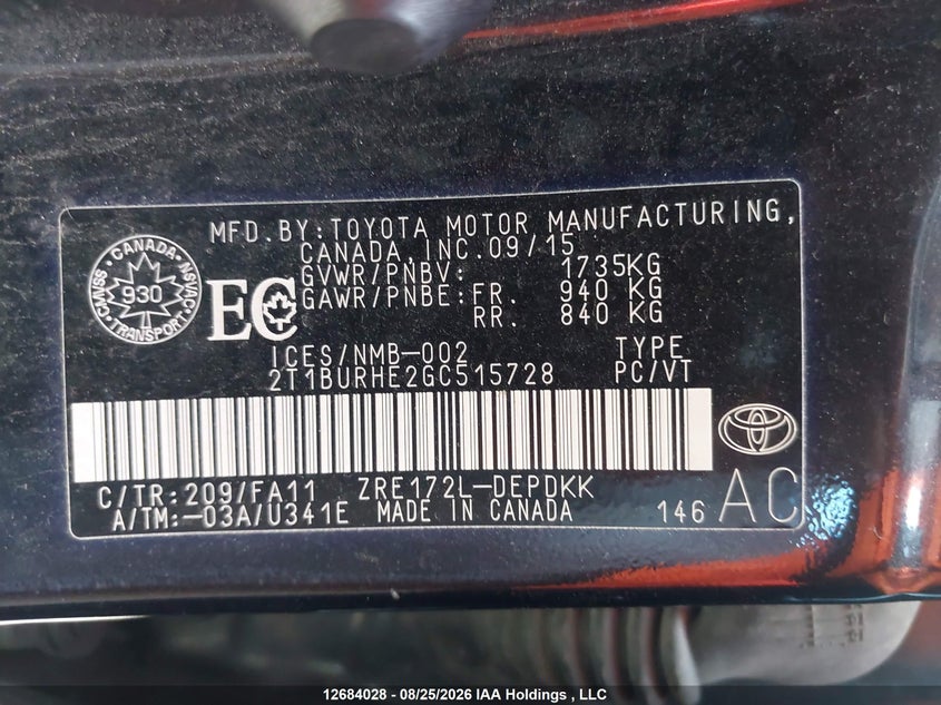 2016 TOYOTA COROLLA SEDAN 1.8L I-4 DOHC, VVT, 132HP