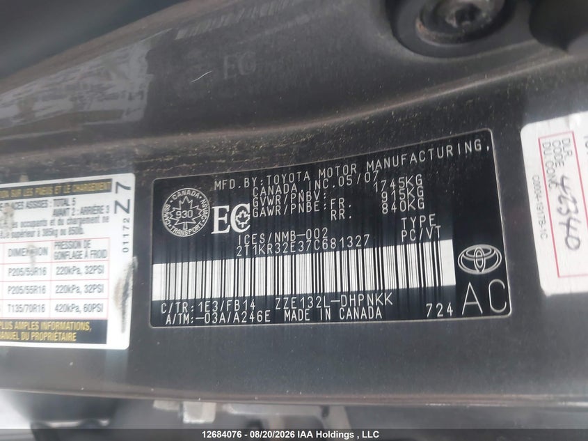 2007 TOYOTA MATRIX WAGON 1.8L I4 FI DOHC 16V F4