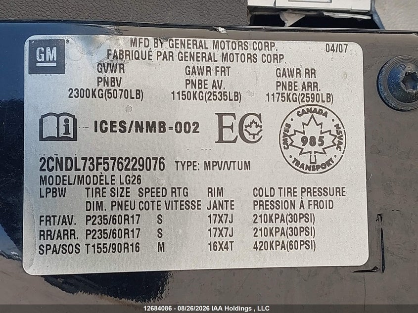 2007 CHEVROLET EQUINOX SPORT UTILITY VEHICLE 3.4L V-6 185HP