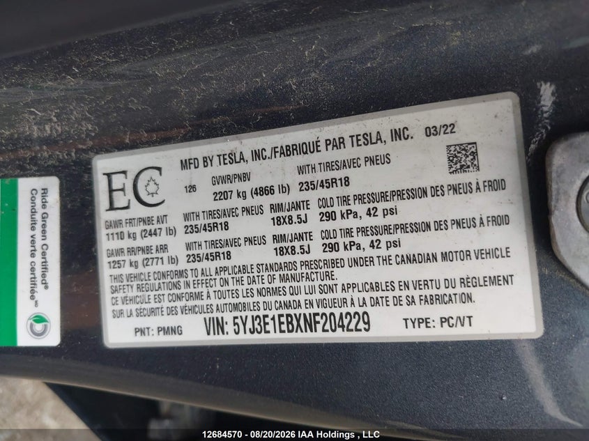 2022 TESLA MODEL 3 SEDAN ELECTRIC