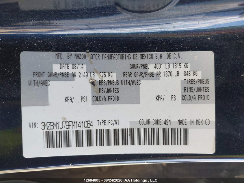 2015 MAZDA 3 SEDAN 2.0L I-4 DI, DOHC, VVT, 155HP