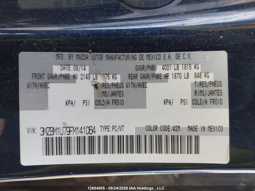 2015 MAZDA 3 SEDAN 2.0L I-4 DI, DOHC, VVT, 155HP