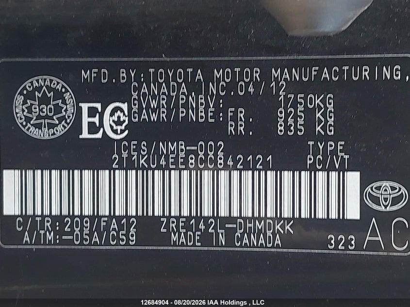2012 TOYOTA MATRIX HATCHBACK 1.8L I-4 DOHC, VVT, 132HP