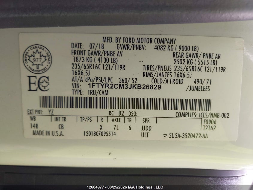 2018 FORD TRANSIT VAN 3.7L V-6 DOHC, VVT, 275HP