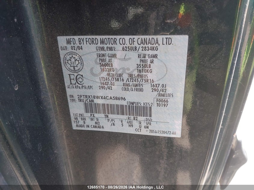 2004 FORD F-150 PICKUP 4.6L V8 FI SOHC 16V F2