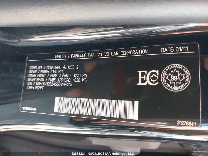 2011 VOLVO S80 SEDAN 3.2L I-6 DOHC, VVT, 240HP