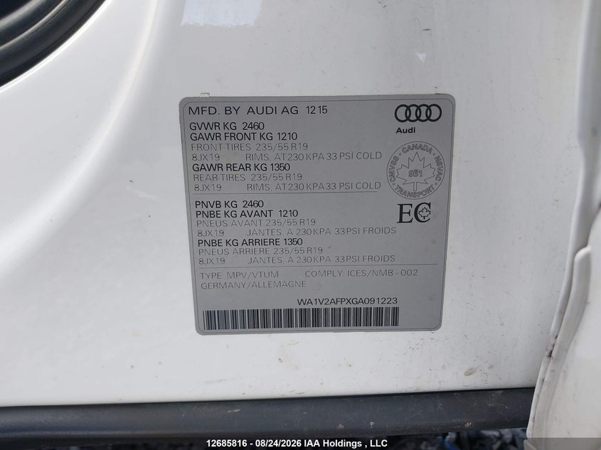 2016 AUDI Q5 SPORT UTILITY VEHICLE 2.0L I-4 DI, DOHC, VVT, TURBO, 220HP