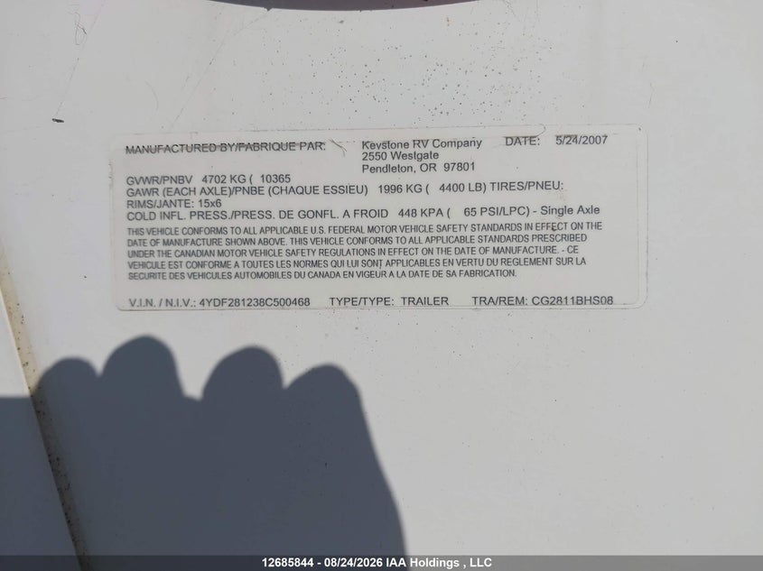 2008 OTHER KEYSTONE COUGAR TRAILER N/A