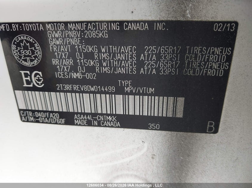 2013 TOYOTA RAV 4 SPORT UTILITY VEHICLE 2.5L I-4 DOHC, VVT, 176HP