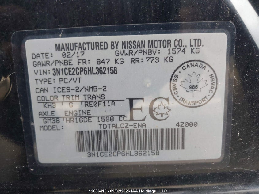 2017 NISSAN NOTE HATCHBACK 1.6L I4 FI DOHC 16V NF4