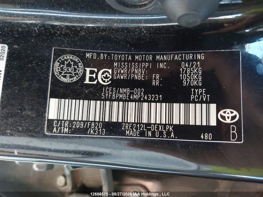 2021 TOYOTA COROLLA SEDAN 1.8L I-4 DOHC, VVT, 139HP