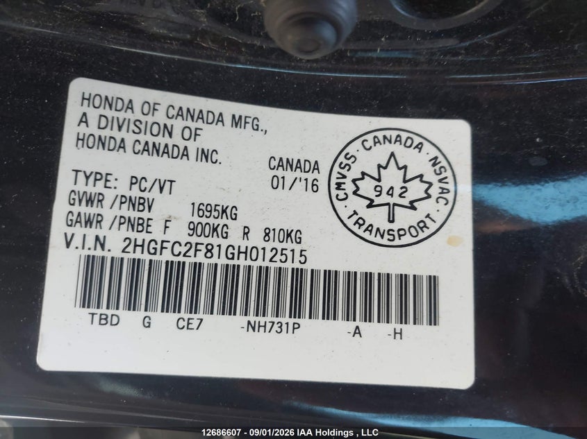 2016 HONDA CIVIC SEDAN 2.0L I4 FI DOHC 16V NF4