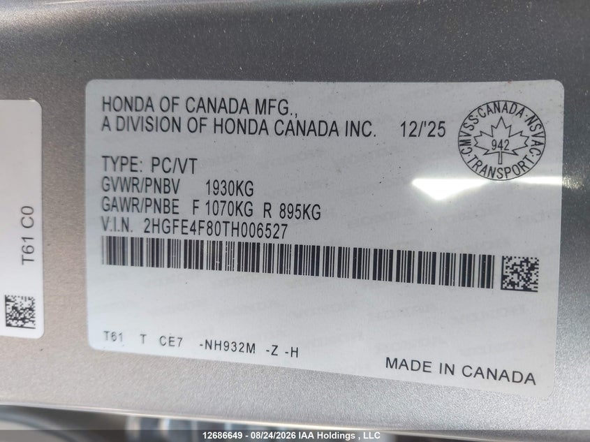 2026 HONDA CIVIC SEDAN 2.0L I4 FI DOHC 16V NF4