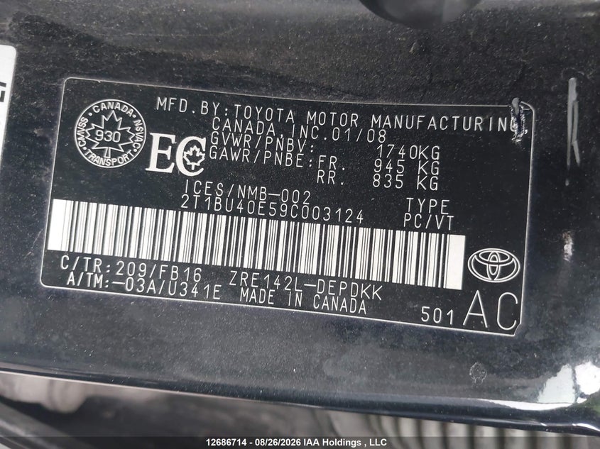 2009 TOYOTA COROLLA SEDAN 1.8L I-4 DOHC, VVT, REGULAR , 132HP
