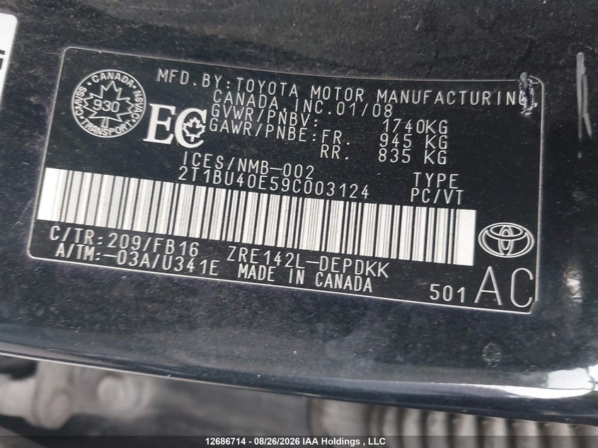 2009 TOYOTA COROLLA SEDAN 1.8L I-4 DOHC, VVT, REGULAR , 132HP