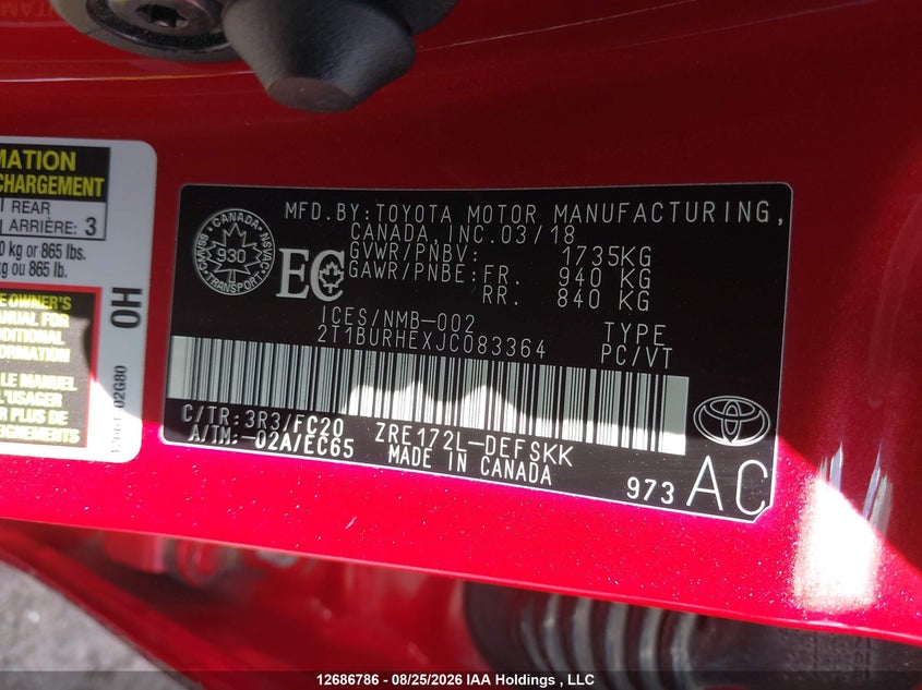 2018 TOYOTA COROLLA HATCHBACK 1.8L I-4 DOHC, VVT, 132HP