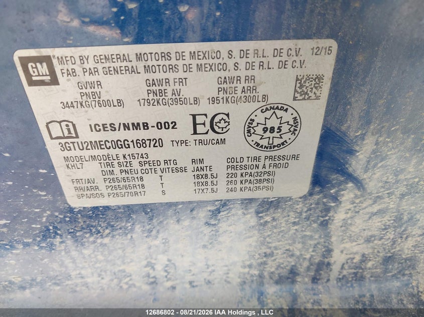 2016 GMC SIERRA PICKUP 5.3L V8 FI OHV 16V NF2