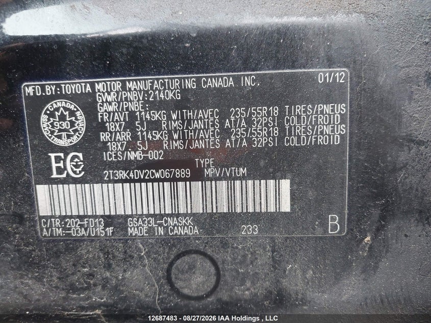 2012 TOYOTA RAV 4 RAV4 SPORT V6 3.5L V-6 DOHC, VVT, 269HP