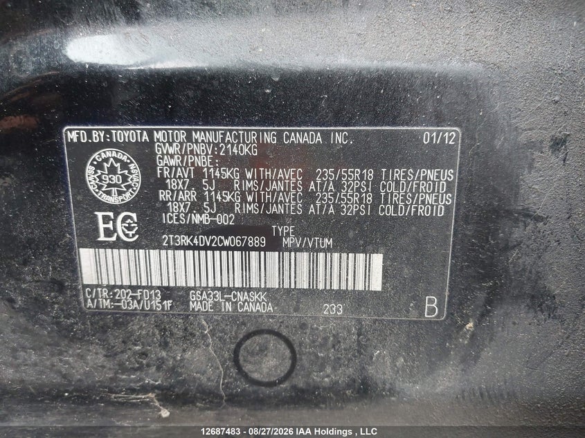 2012 TOYOTA RAV 4 RAV4 SPORT V6 3.5L V-6 DOHC, VVT, 269HP