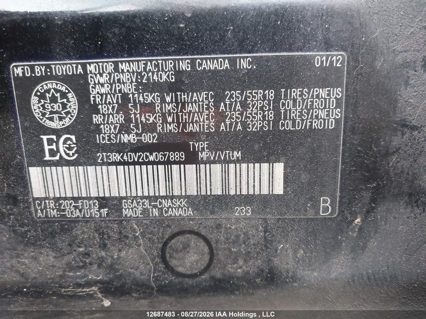 2012 TOYOTA RAV 4 RAV4 SPORT V6 3.5L V-6 DOHC, VVT, 269HP