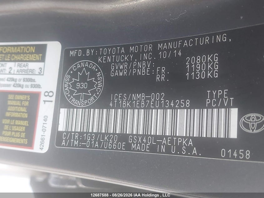 2014 TOYOTA AVALON PREMIUM/TOURING/LIMITED - zdjęcie 9