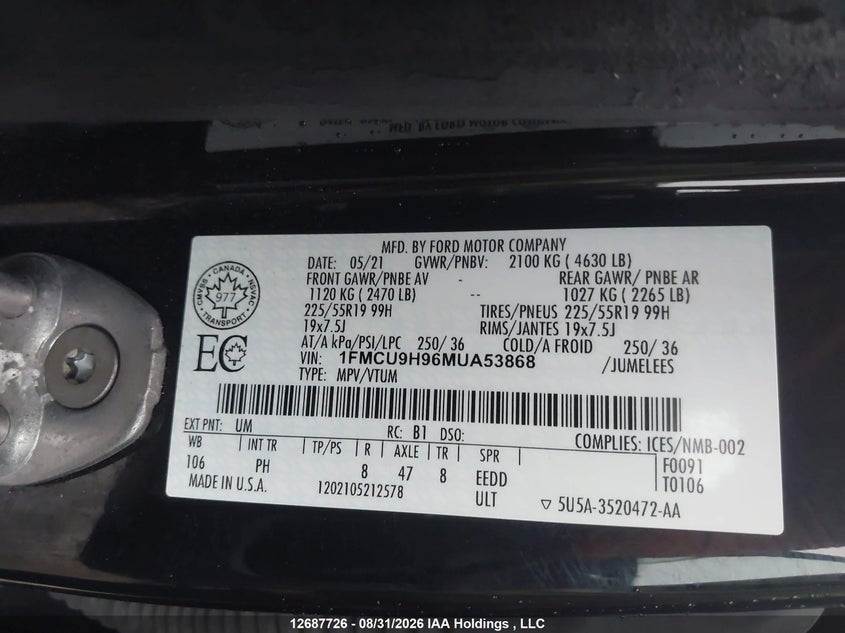 2021 FORD ESCAPE SPORT UTILITY VEHICLE 2.0L I-4 DI, DOHC, VVT, TURBO, PREMIUM , 250HP