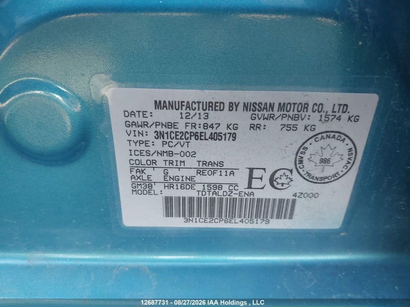 2014 NISSAN VERSA HATCHBACK 1.6L I-4 DOHC, VVT, REGULAR , 109HP