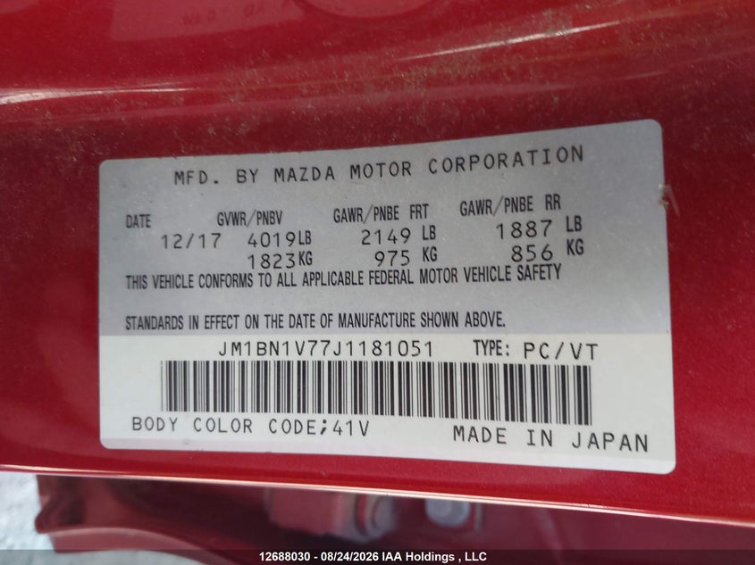 2018 MAZDA 3 SEDAN 2.0L I-4 DI, DOHC, VVT, REGULAR , 156HP