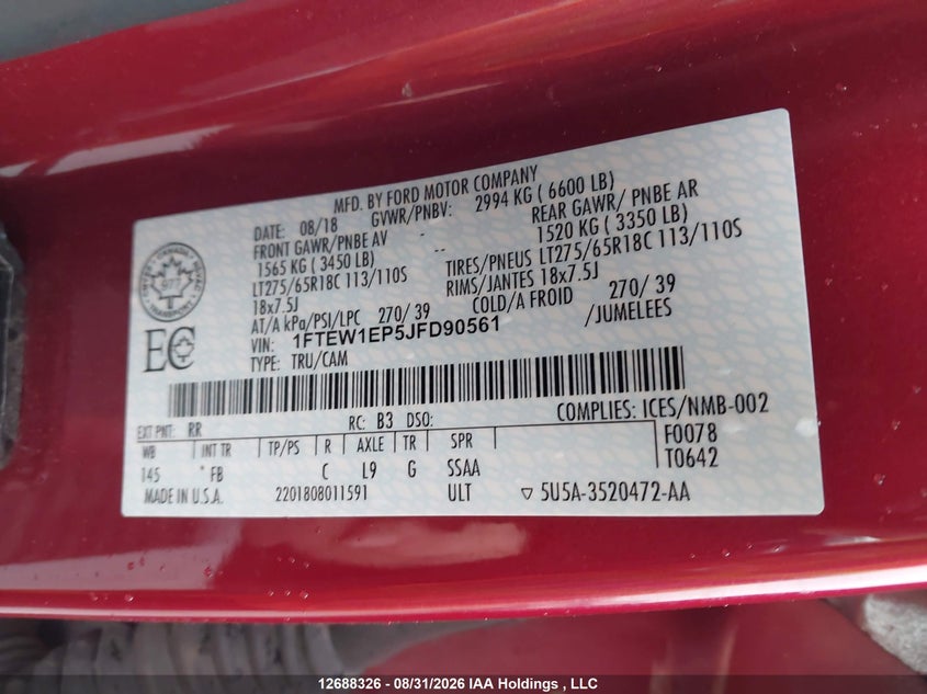 2018 FORD F-150 PICKUP 2.7L V6 FI DOHC 24V NF4