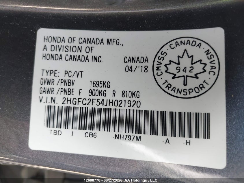 2018 HONDA CIVIC SEDAN 2.0L I-4 DOHC, VVT, REGULAR , 158HP