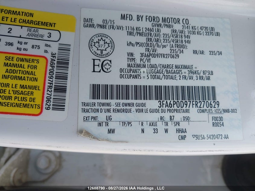 2015 FORD FUSION SEDAN 2.0L I-4 DI, DOHC, VVT, TURBO, REGULAR , 231HP