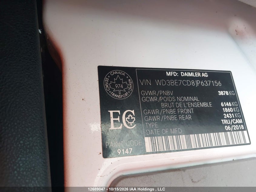 Mercedes-Benz Sprinter 2500 2018 WD3BE7CD8JP637156 Image 9