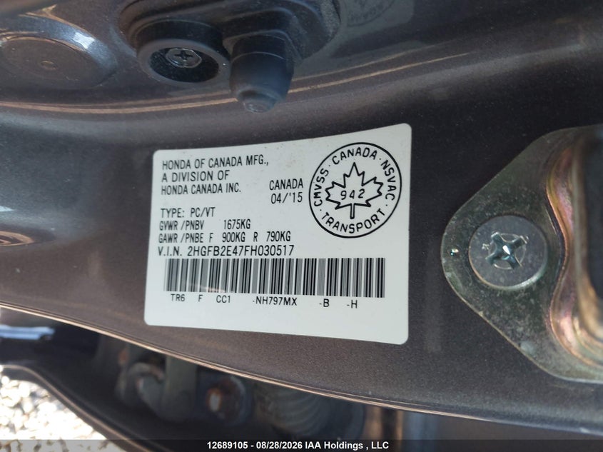 2015 HONDA CIVIC SEDAN 1.8L I-4 VVT, 143HP