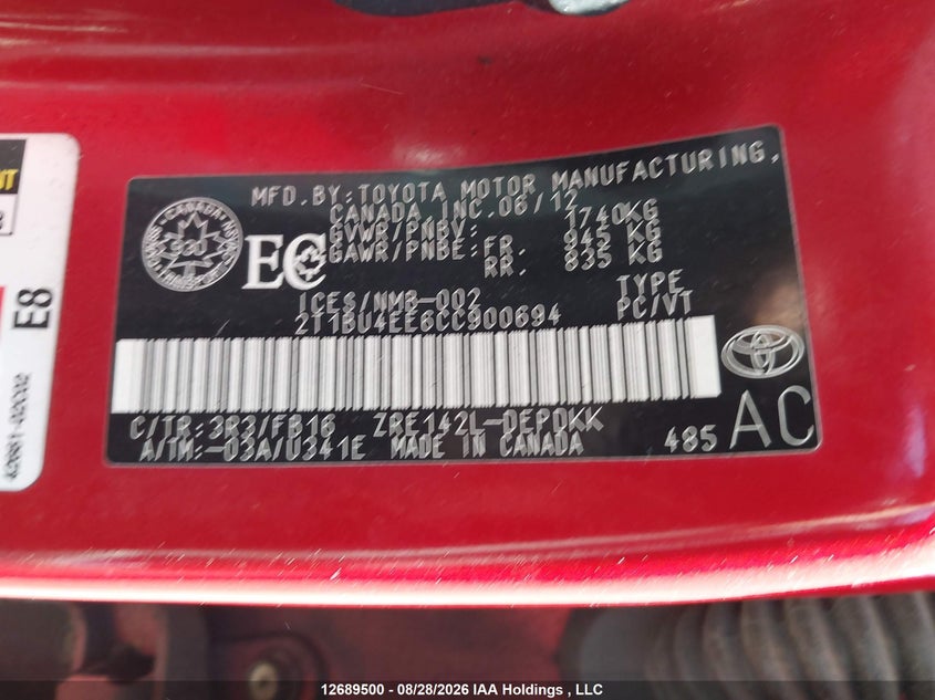 2012 TOYOTA COROLLA SEDAN 1.8L I4 FI DOHC 16V NF4
