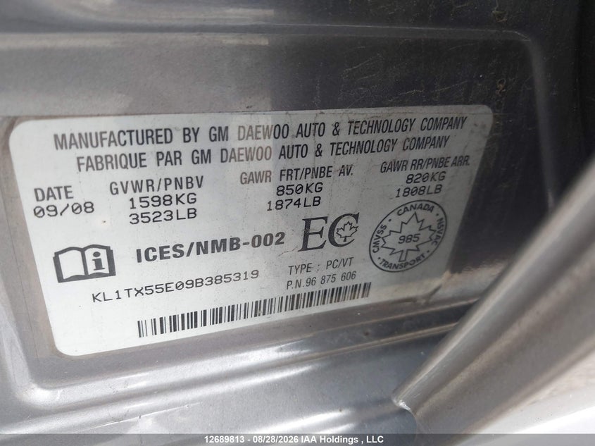 2009 CHEVROLET AVEO HATCHBACK 1.6L I-4 DOHC, VVT, REGULAR , 106HP