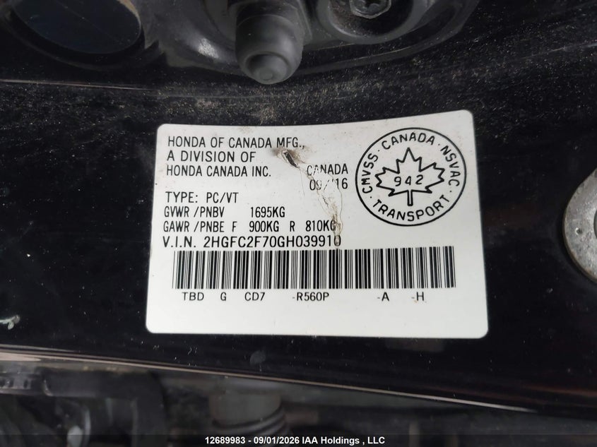 2016 HONDA CIVIC SEDAN 2.0L I-4 DOHC, VVT, 158HP