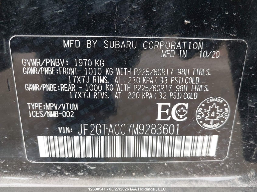 2021 SUBARU XV SPORT UTILITY VEHICLE 2.0L H-4 DI, DOHC, VVT, 152HP