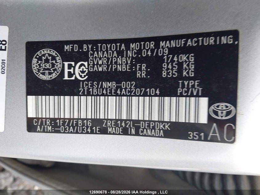 2010 TOYOTA COROLLA SEDAN 1.8L I-4 DOHC, VVT, REGULAR , 132HP