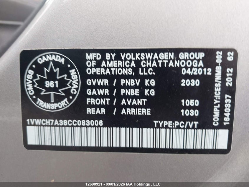 2012 VOLKSWAGEN PASSAT SEDAN 2.5L I-5 DOHC, VVT, REGULAR , 170HP