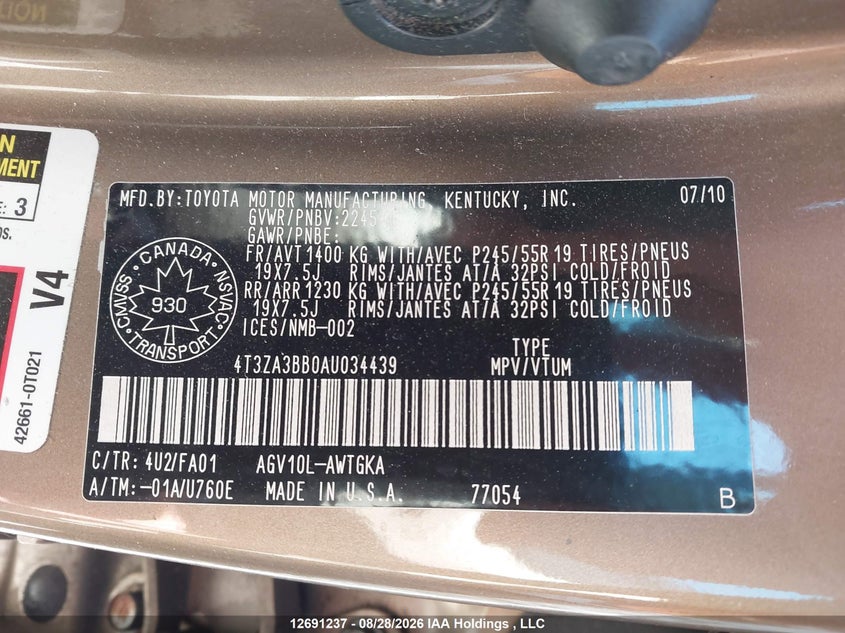 2010 TOYOTA VENZA SPORT UTILITY VEHICLE 2.7L I4 FI DOHC 16V NF4